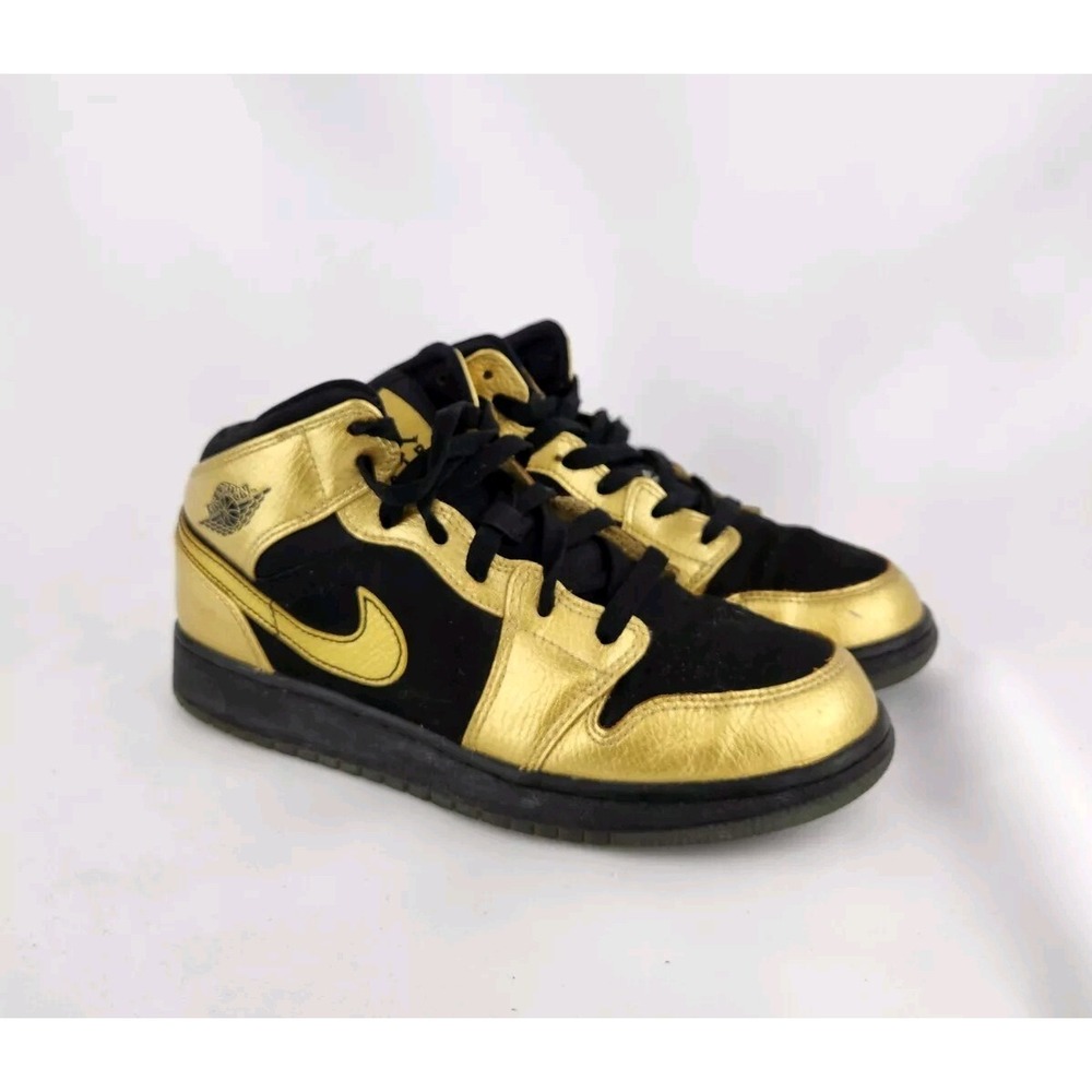 Jordan 1 Mid Metallic Gold Black 555112-905 XH Sneakers Shoesβ 6Y Women Size 8